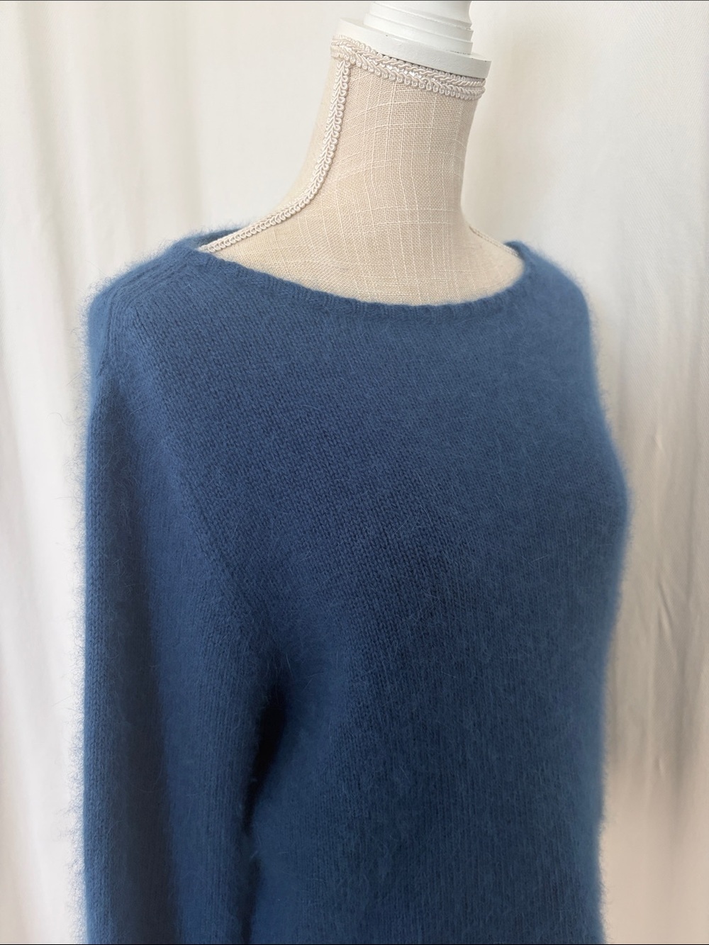 Pierre Cardin Angora Rabbit Hair Wool Dusty Blue Boatneck Fuzzy Sweater